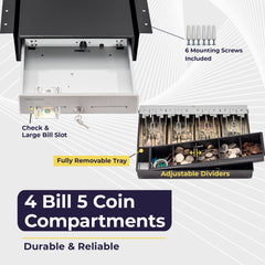 13'' Mini Cash Register Drawer, 4 Bill/5 Coin, Black, Stainless Steel Front, Fully Removable Cash Trays