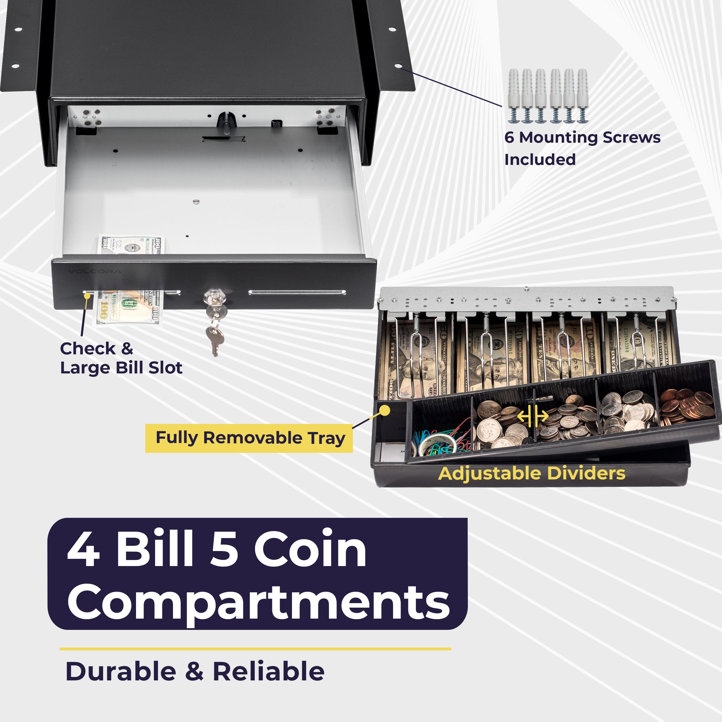 13'' Mini Cash Register Drawer, 4 Bill/5 Coin, Black