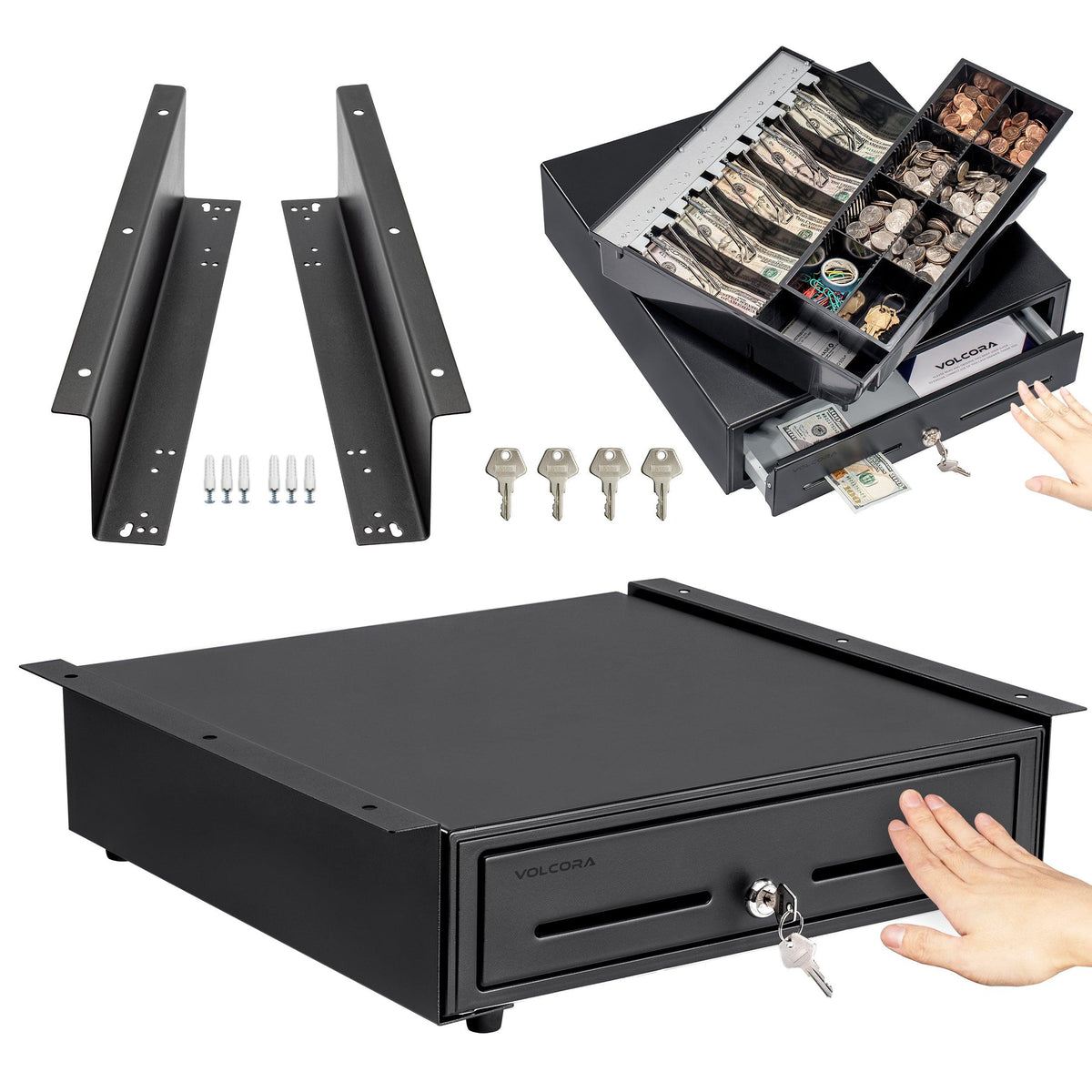 16" Manual Push Open Cash Register Drawer, Black, 5 Bills/8 Coin