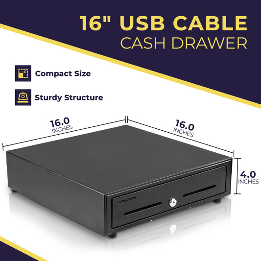 16'' USB Cash Register Drawer, 5 Bill/8 Coin Removable Cash Tray, Black, Not for Square