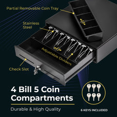 13" Manual Push Open Cash Register Drawer, Black, 4 Bills 5 Coin, Removable Slots