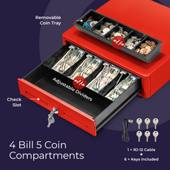 Mini caja registradora de 13 pulgadas, cajón de esquina redondeada, 4 billetes, 5 monedas, apertura automática