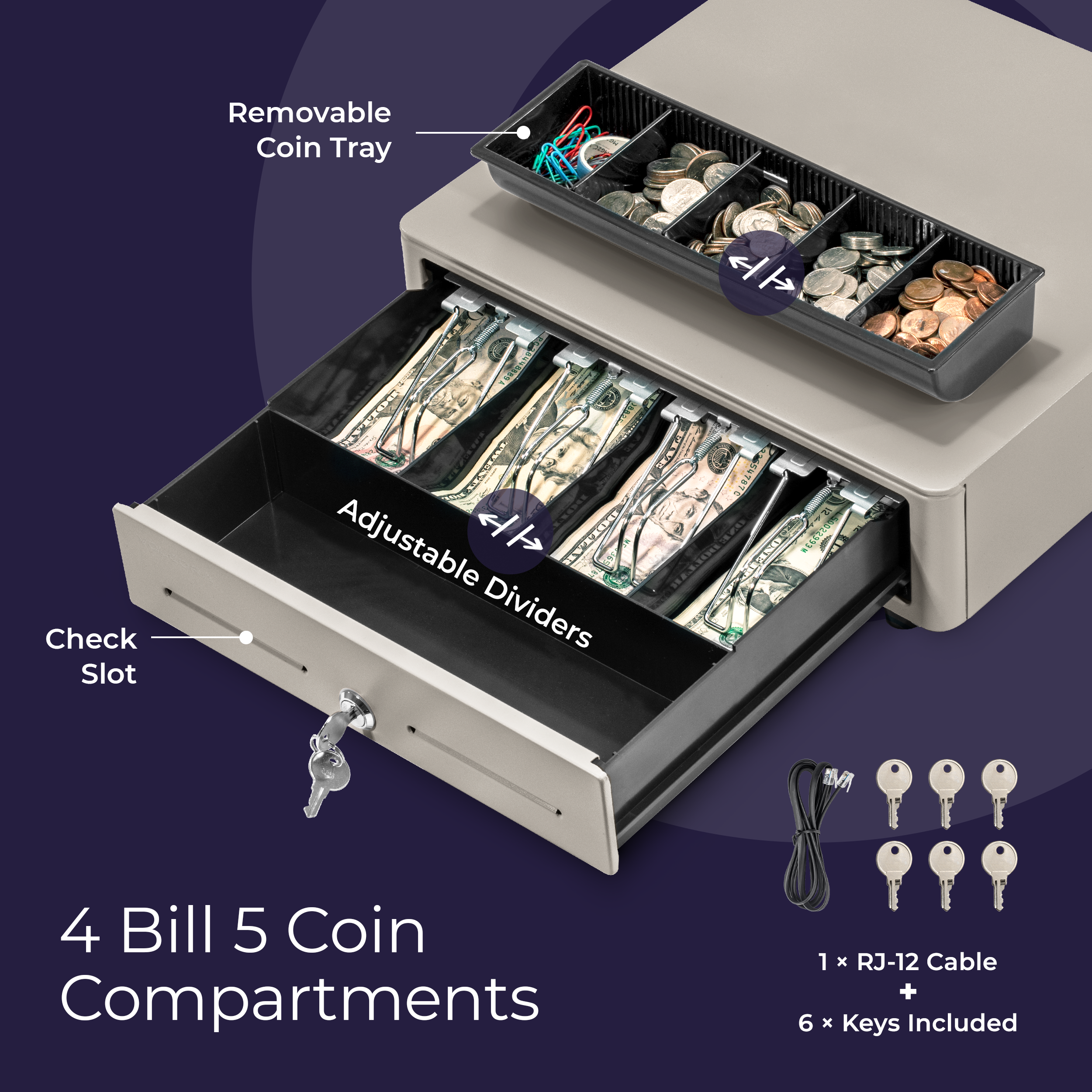 13'' Mini Cash Register Rounded Corner Drawer 4 Bill 5 Coin Auto-open