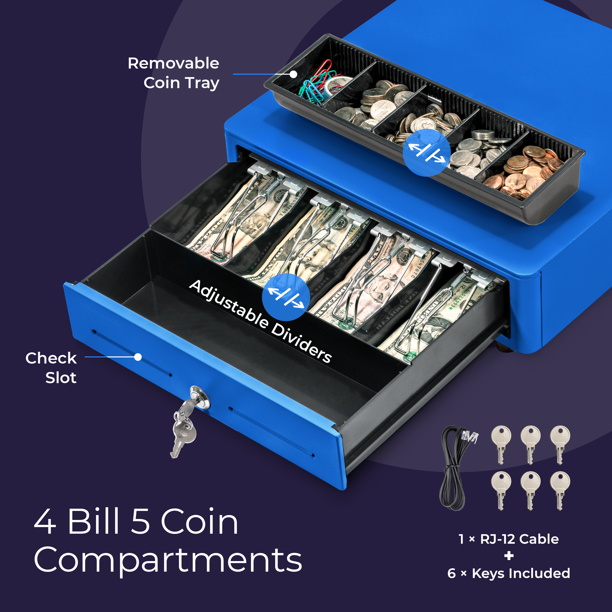 Mini caja registradora de 13 pulgadas, cajón de esquina redondeada, 4 billetes, 5 monedas, apertura automática