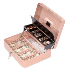 Caja de efectivo con cerradura de llave - Bandeja de monedas de acero escalonada con tapa y ranuras para billetes