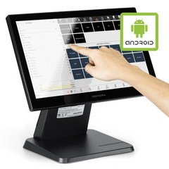 Touchscreen POS system with Android logo and Volcora branding
