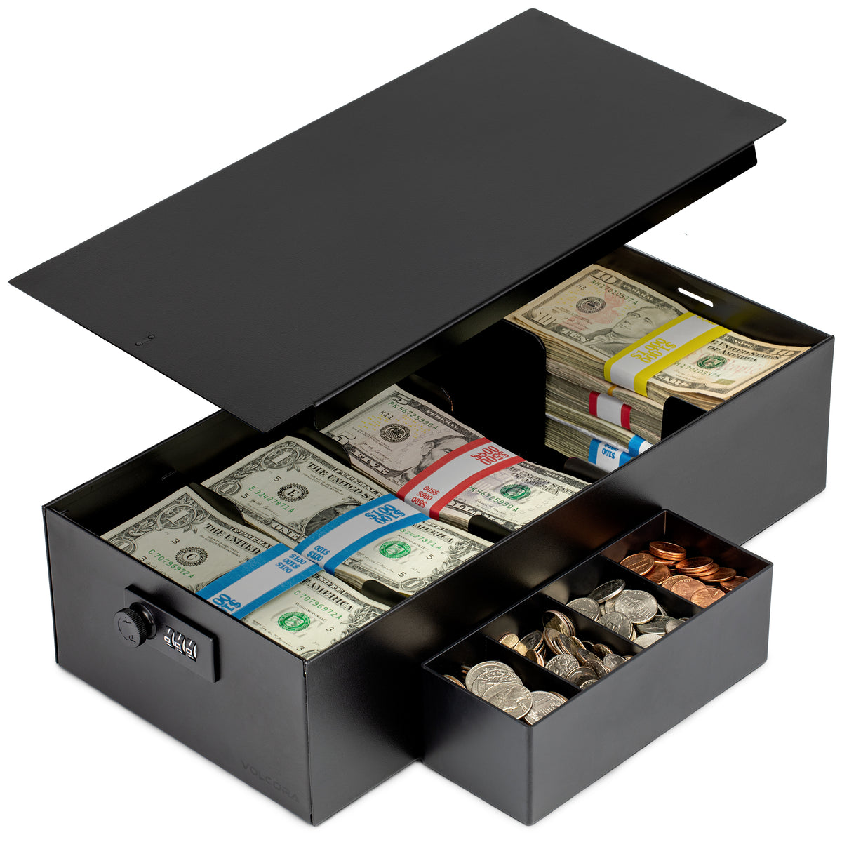 Caja de seguridad para efectivo de 5 compartimentos con bandeja para monedas